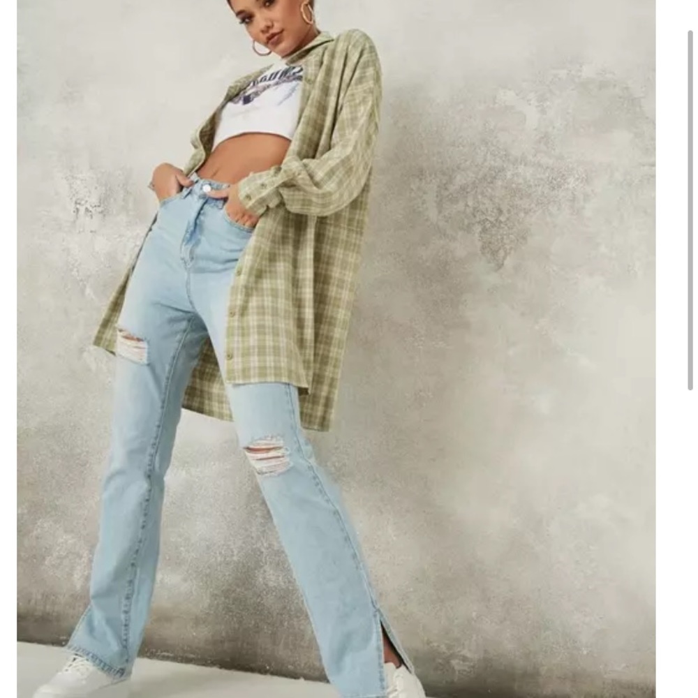 High Waisted Distressed Split Leg Mom Jeans